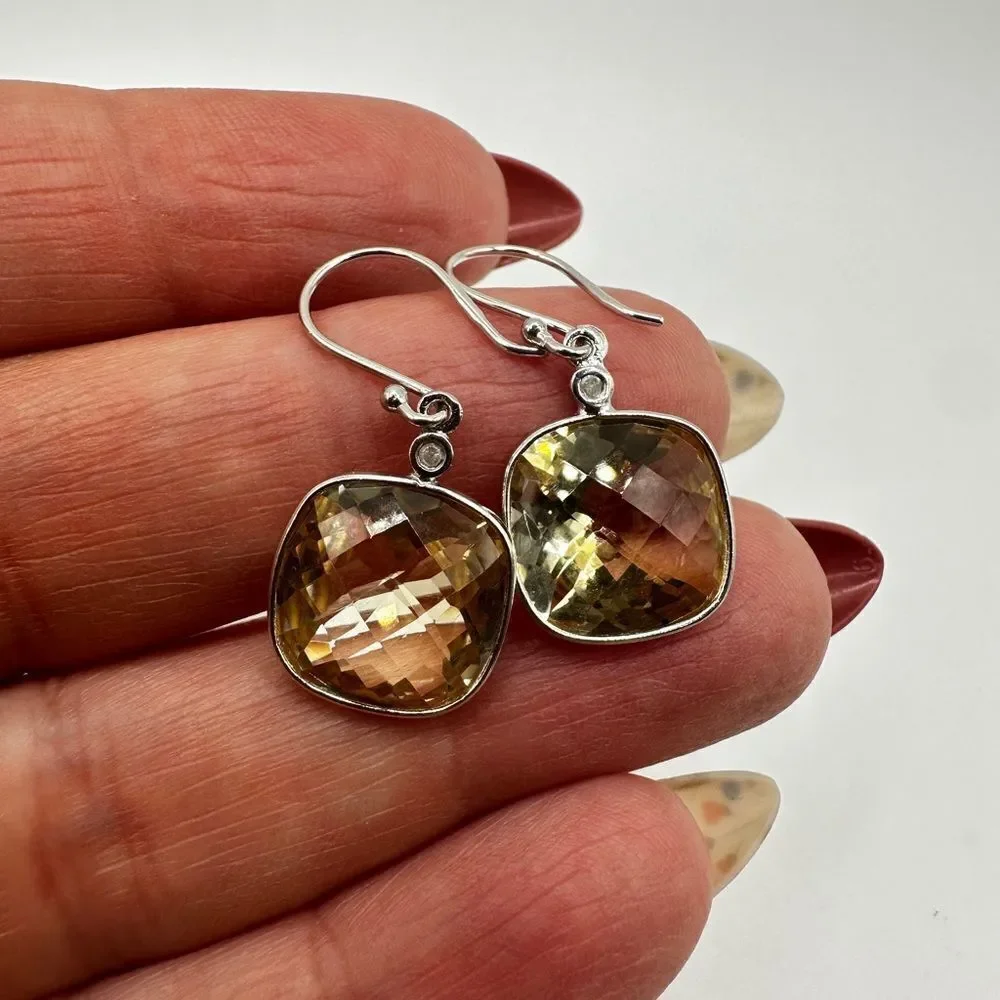 7.11cts faceted checkerboard cushion cut citrine on 925‎ dangle earrings!